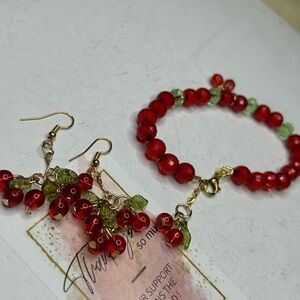 Red Berry Beaded Bracelet + Earrings